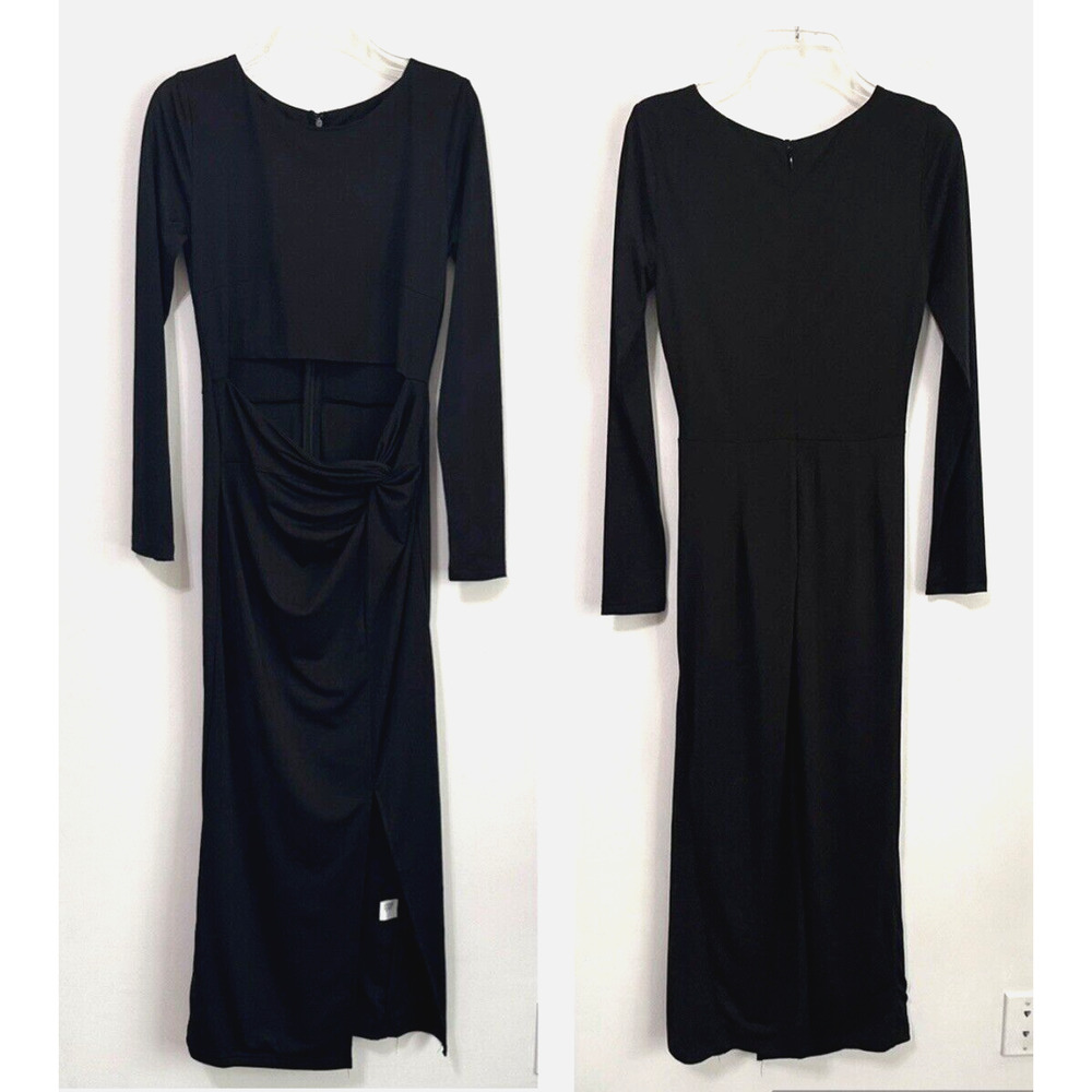 Lucca Dress M Black Belly Cut Out Twist Front Long Sleeve Slit Midi Sexy Party